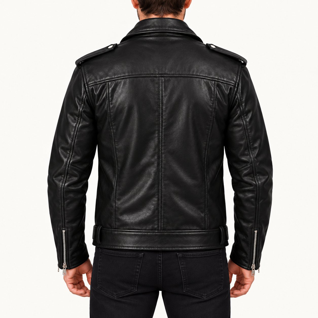Men's Classic Black Leather Biker Jacket – Asymmetrical Zip Motorcycle Jacket with Belted Waist Gallery